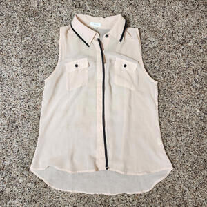 Mine Women's Semi Sheer Tank Top Size Medium Tan Collared Button Up